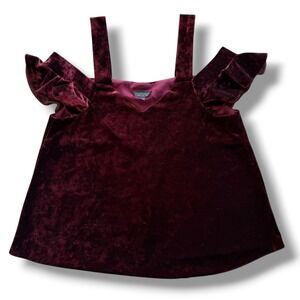 Topshop Women 4 Maroon Burgundy Crushed Velvet Coldshoulder Ruffle Top Vamp Goth